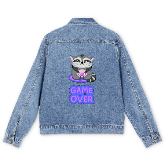 Game Over fat wicked raccoon playing on a console Men's Denim Jackets