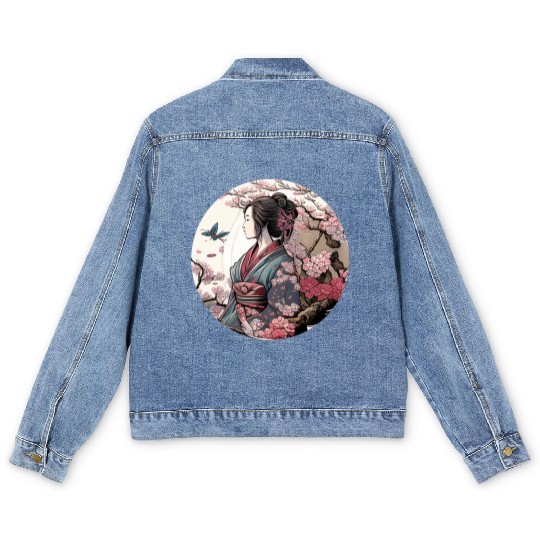Beautiful Geisha Geiko Geigi Cherry Blossom Sakura Men's Denim Jackets