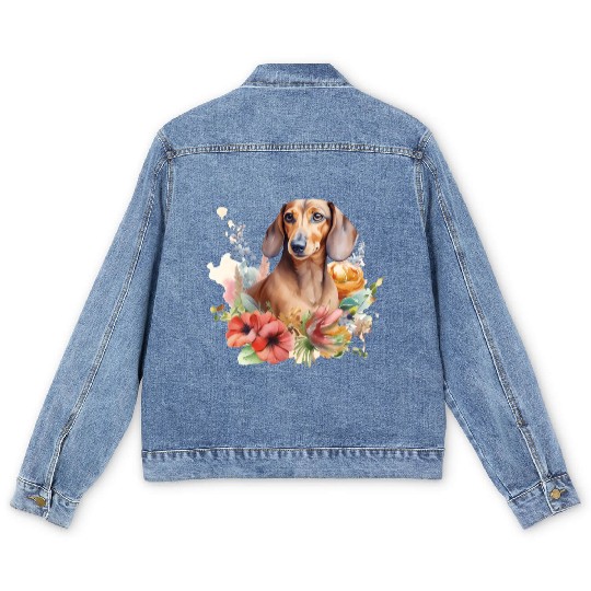Dachshund Watercolor Bulldog Floral Men's Denim Jackets