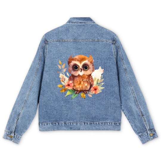 Brown Owl Forest Animal Watercolor Floral Men's Denim Jackets