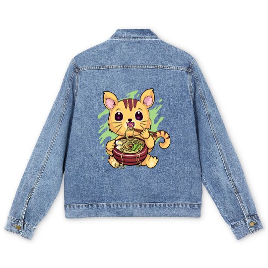Kawaii Cat Eating Ramen Men's Denim Jackets