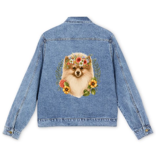 Cute Pomeranian Pom Flower Crown Pet Dog Breed Flo Men's Denim Jackets