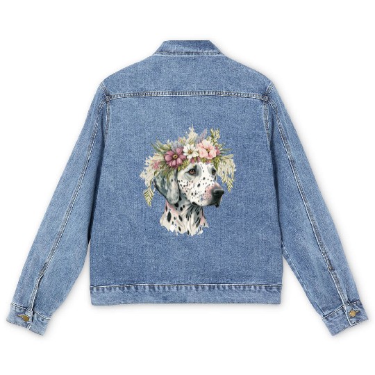 Dalmatian Flower Crown Pet Dog Floral Puppy Men's Denim Jackets