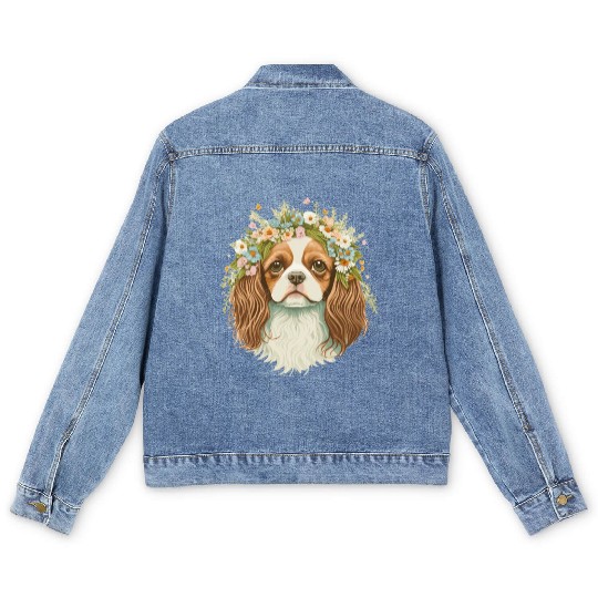 Cute Cavalier King Charles Spaniel Flower Crown Do Men's Denim Jackets