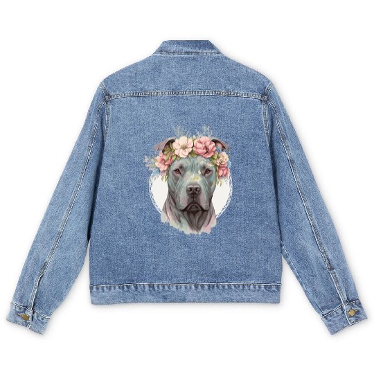 Cute Cane Corso Flower Crown Pet Dog Puppy Men's Denim Jackets