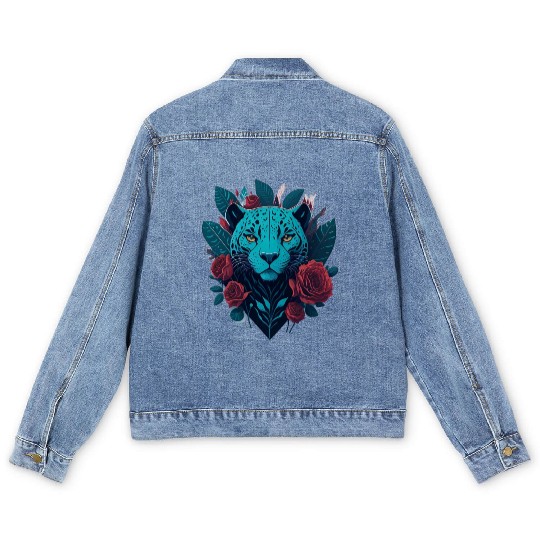cute jaguar with red flowers Men's Denim Jackets