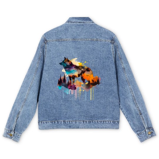 Mountain Wolf Multicolor Watercolor Portrait Men's Denim Jackets