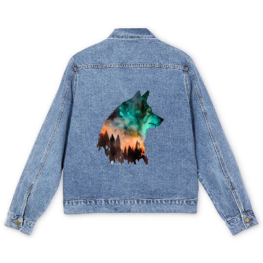 Forest Wolf Multicolor Watercolor Portrait Men's Denim Jackets