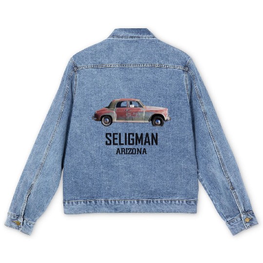 Old car city of Seligman in Arizonna, US Route 66 Men's Denim Jackets