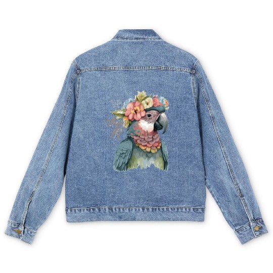 Cute Parrot Macaw Bird Flower Crown Pet Birds Men's Denim Jackets
