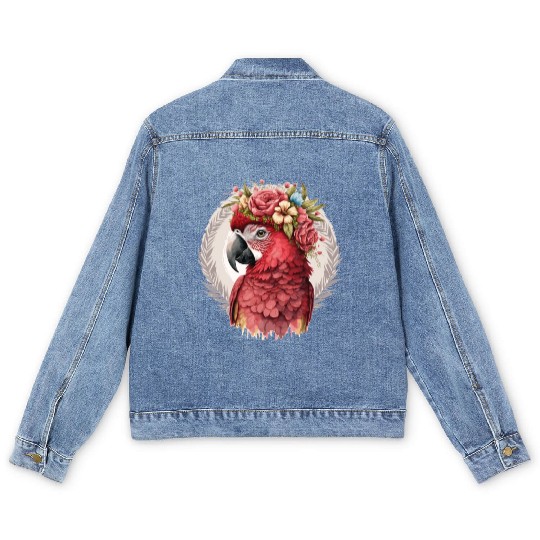 Scarlet Macaw Parrot Watercolor Bird Flower Crown Men's Denim Jackets