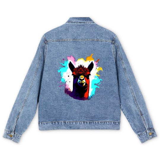 Cute Vintage Ink Splash Alpaca Retro Alpaca Farmer Men's Denim Jackets
