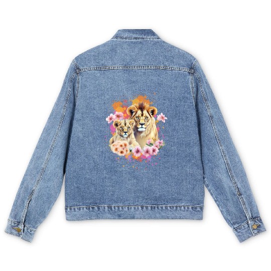 Lion Mom & Son Cubs with Flower Watercolor Men's Denim Jackets