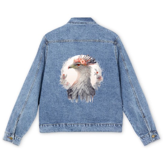 Cute Secretary Bird Flower Crown Floral Exotic Bir Men's Denim Jackets
