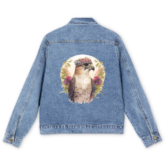 Watercolor Falcon Birds Of Prey Flower Crown Flora Men's Denim Jackets