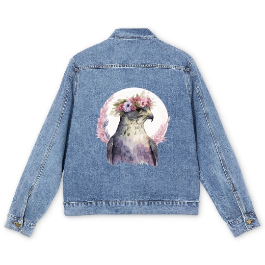 Falcon Birds Of Prey Flower Crown Floral Bird Watc Men's Denim Jackets