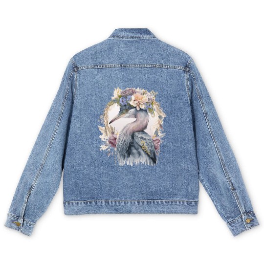 Watercolor Heron Freshwater Bird Watching Flower C Men's Denim Jackets