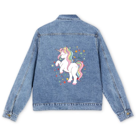 Cute Rearing Rainbow Unicorn Falling Stars Men's Denim Jackets