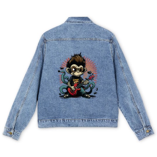 Monkey Chimpanzee Playing Acousitc Rock Guitar Men's Denim Jackets