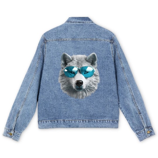 Grey Wolf Wearing Blue Sunglasses Wildlife Animal Men's Denim Jackets
