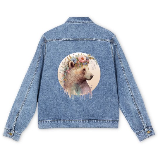 Brown Bear Watercolor Grizzly Bear Flower Crown Wi Men's Denim Jackets