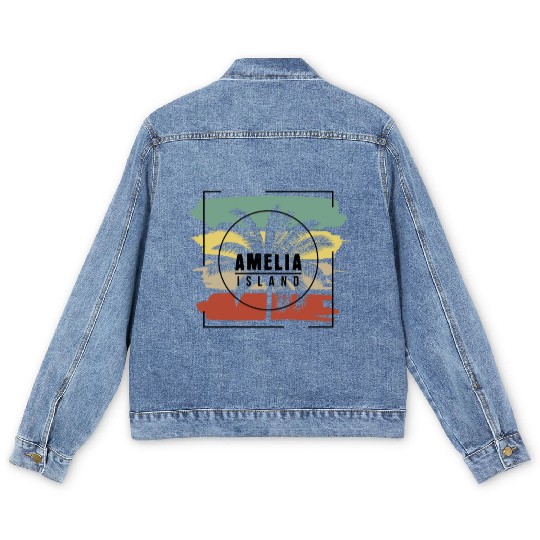 Amelia Island Florida Palm Tree Retro Artistic Men's Denim Jackets