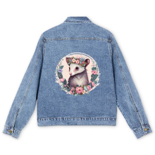 Cute Possum Flower Crown Floral Watercolor Men's Denim Jackets
