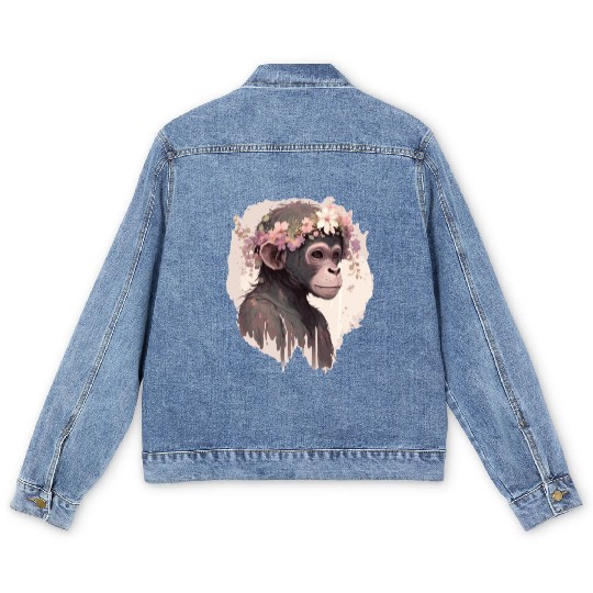 Artistic Watercolor Monkey Flower Crown Floral Ani Men's Denim Jackets