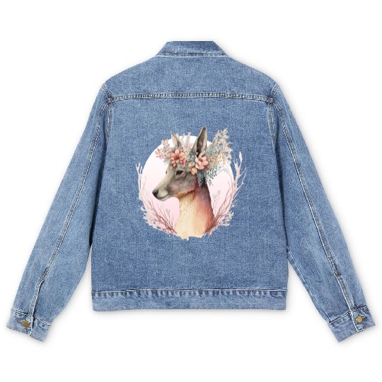 Watercolor Kangaroo Flower Crown Australian Animal Men's Denim Jackets