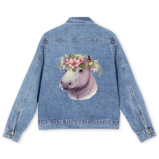Watercolor Hippotamus Flower Crown Floral Pastel A Men's Denim Jackets