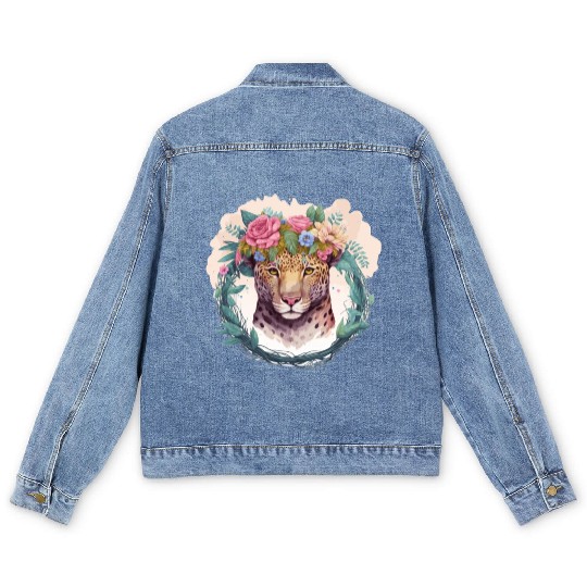 Jaguar Flower Crown Floral Watercolor Men's Denim Jackets