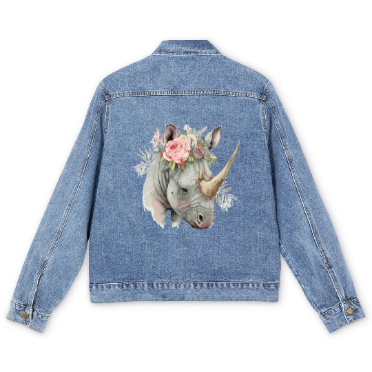 African Watercolor Rhinozeros Flower Crown Safari Men's Denim Jackets