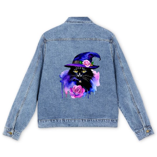 Watercolor Cat Halloween Sublimation Men's Denim Jackets