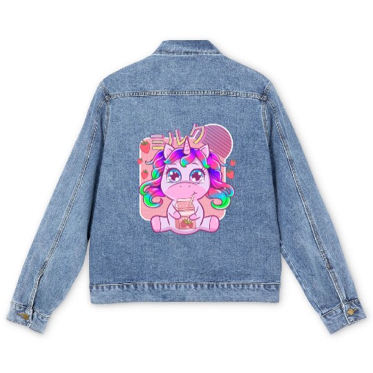 Funny Kawaii Unicorn Strawberry Milk Shake Men's Denim Jackets