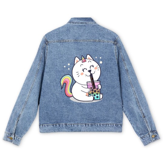 Bubble Tea Cute Kawaii Unicorn Cat Japanese Men's Denim Jackets