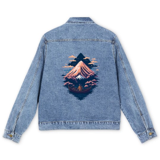 Serene Mount Fuji Sunset Peaceful River Scenery Men's Denim Jackets