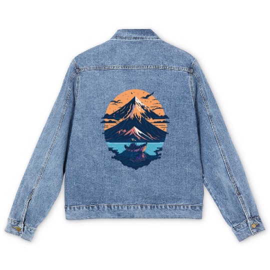 Serene Mount Fuji Sunset Peaceful River Scenery Men's Denim Jackets