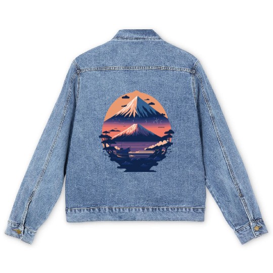 Serene Mount Fuji Sunset Peaceful River Scenery Men's Denim Jackets