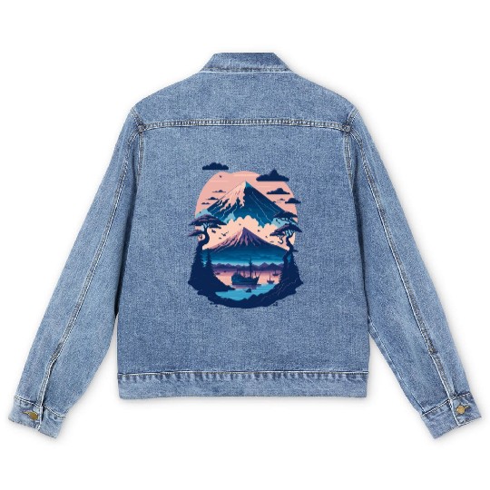 Serene Mount Fuji Sunset Peaceful River Scenery Men's Denim Jackets