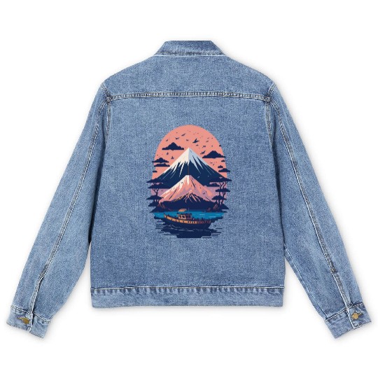 Serene Mount Fuji Sunset Peaceful River Scenery Men's Denim Jackets