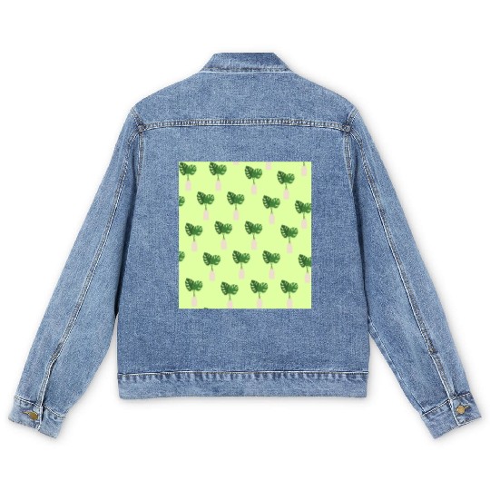 Green Tropical Palm Leaves In A Grey Vessel Men's Denim Jackets