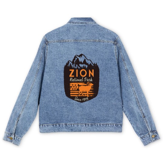 Zion National Park Us Flag Bighorn Sheep Mountains Men's Denim Jackets