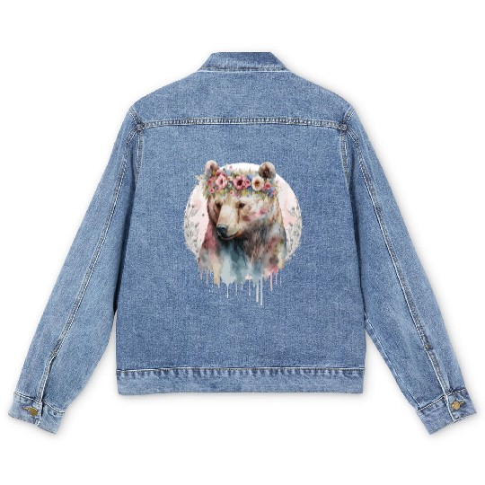 Artistic Watercolor Grizzly Bear Flower Crown Boho Men's Denim Jackets