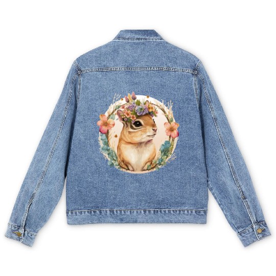 Cute Watercolor Chipmunk Flower Crown Floral Roden Men's Denim Jackets
