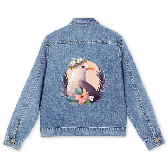Cute Seagull Bird Flower Crown Floral Birds Men's Denim Jackets