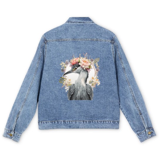 Watercolor Heron Freshwater Bird Flower Crown Flor Men's Denim Jackets