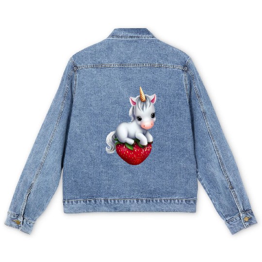 Unicorn on strawberry Men's Denim Jackets