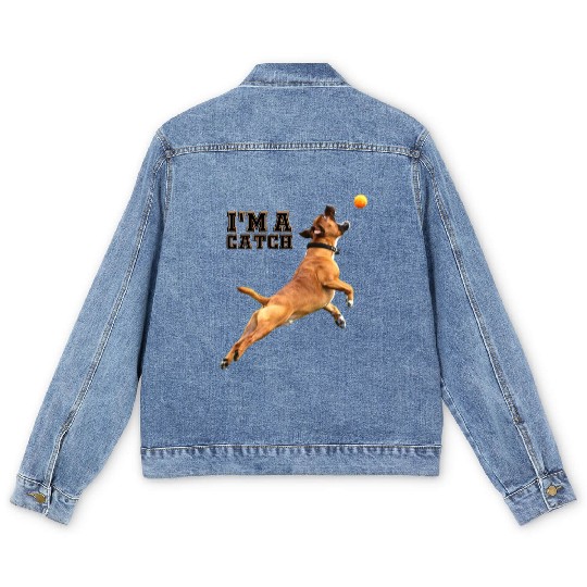 Big Dog Bull Mastiff Catching a Ball, I'm a Catch Men's Denim Jackets
