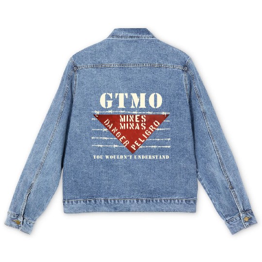 Gtmo Land Mine Barbed Wire Sign Guantanamo Bay Cub Men's Denim Jackets
