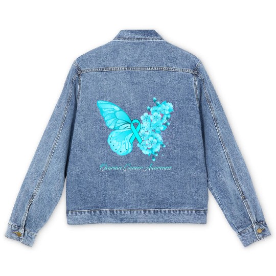Ovarian Cancer Awareness Ribbon Teal Ovarian Cance Men's Denim Jackets
